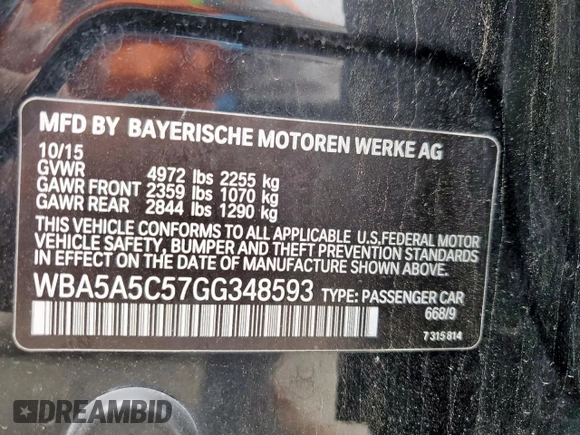 2016 BMW 5 Series 528i z VIN WBA5A5C57GG348593, wystawiony jako Copart lot #55469335 z przebiegiem 93 627 mil mil oraz Szkoda całkowita • Salvage title. Historia ofert i sprzedaży dostępna na DreamBid. Obrazek 13.