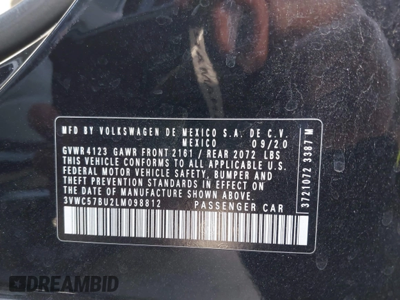 2020 Volkswagen Jetta S with VIN 3VWC57BU2LM098812, listed as a IAAI auction lot 42495022 with 97,098 mi miles and . Bid and sale history available at DreamBid. Image 9.