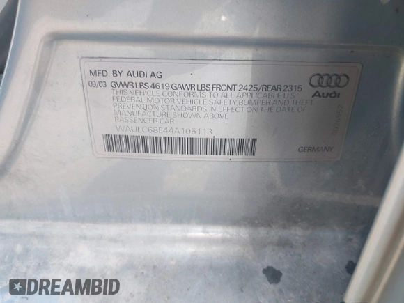 2004 Audi A4 1.8T with VIN WAULC68E44A105113, listed as a IAAI auction lot 42475749 with 239,861 mi miles and . Bid and sale history available at DreamBid. Image 9.