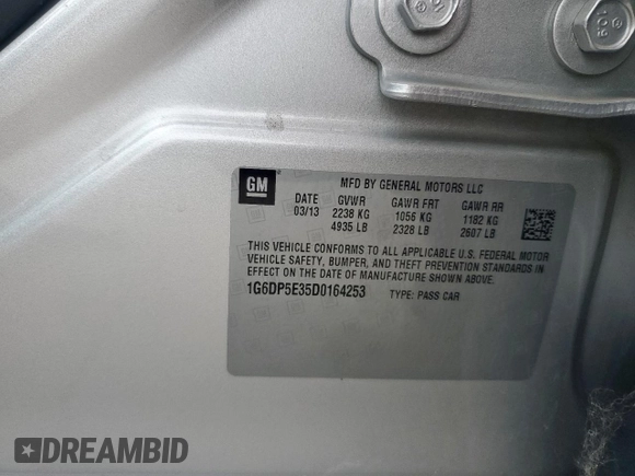 2013 Cadillac CTS Premium with VIN 1G6DP5E35D0164253, listed as a Copart auction lot 63459965 with 14,780 mi miles and Salvage title. Bid and sale history available at DreamBid. Image 13.