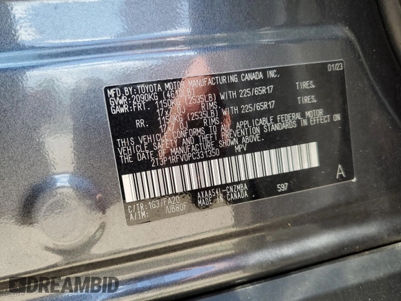 2023 Toyota RAV4 XLE with VIN 2T3P1RFV0PC331350, listed as a Copart auction lot 61234355 with 27,962 mi miles and Salvage title. Bid and sale history available at DreamBid. Image 13.
