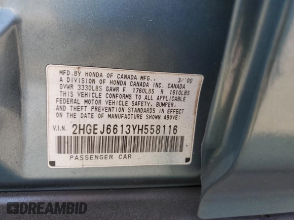 2000 Honda Civic VP z VIN 2HGEJ6613YH558116, wystawiony jako Copart lot #50028285 z przebiegiem 138 436 mil mil oraz Szkoda całkowita • Salvage title. Historia ofert i sprzedaży dostępna na DreamBid. Obrazek 14.