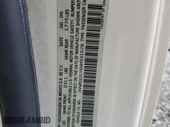 2006 Volkswagen Beetle with VIN 3VWRG31Y66M331578, listed as a Copart auction lot 49324285 with 93,854 mi miles and Salvage title. Bid and sale history available at DreamBid. Image 14.