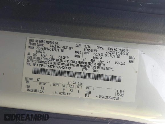 2017 Ford Transit z VIN 1FTYR1ZM7HKA42038, wystawiony jako IAAI lot #42348768 z przebiegiem Nie podano mil oraz . Historia ofert i sprzedaży dostępna na DreamBid. Obrazek 9.