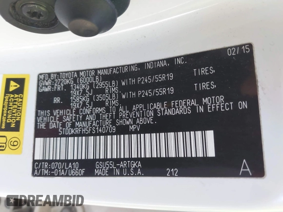 2015 Toyota Highlander Limited with VIN 5TDDKRFH5FS140709, listed as a IAAI auction lot 42152762 with 263,053 mi miles and . Bid and sale history available at DreamBid. Image 9.