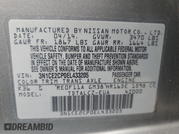 2014 Nissan Note S Plus with VIN 3N1CE2CP0EL433205, listed as a Copart auction lot 59759665 with 116,182 mi miles and Salvage title. Bid and sale history available at DreamBid. Image 13.