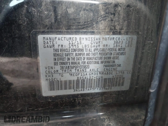 2015 Nissan Sentra S with VIN 3N1AB7AP9FY379620, listed as a IAAI auction lot 42036075 with 110,021 mi miles. Bid and sale history available at carsss.com. Image 9.