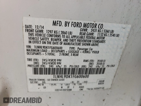 2015 Lincoln MKS with VIN 1LNHL9DK1FG600600, listed as a Copart auction lot 85539154 with 146,374 mi miles and Salvage Title. Bid and sale history available at carsss.com. Image 12.