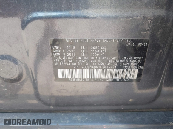 2015 Subaru Legacy Premium with VIN 4S3BNAD61F3015774, listed as a IAAI auction lot 42647922 with 130,353 mi miles and . Bid and sale history available at DreamBid. Image 9.