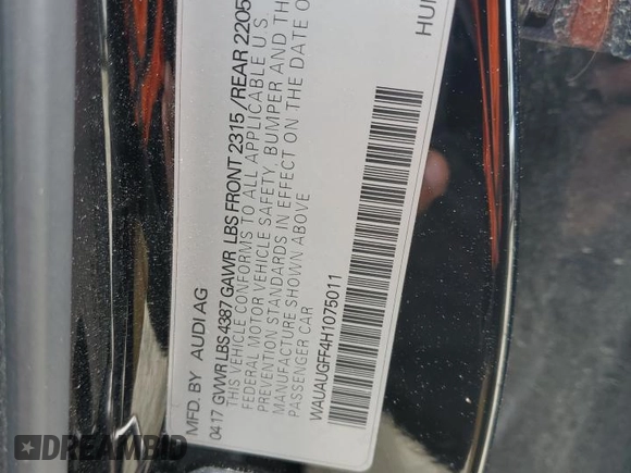 2017 Audi A3 Sedan Premium with VIN WAUAUGFF4H1075011, listed as a Copart auction lot 54967784 with 84,035 mi miles and Salvage Title. Bid and sale history available at carsss.com. Image 14.