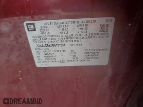 2016 Chevrolet Equinox LT with VIN 2GNALCEK5G6131991, listed as a Copart auction lot 51095015 with 133,798 mi miles and Clean Title. Bid and sale history available at carsss.com. Image 14.