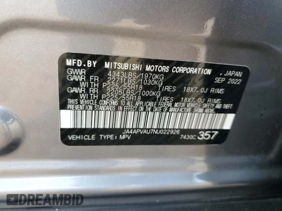2022 Mitsubishi Outlander SE with VIN JA4APVAU7NU022926, listed as a Copart auction lot 54352665 with 41,909 mi miles and Salvage title. Bid and sale history available at DreamBid. Image 12.