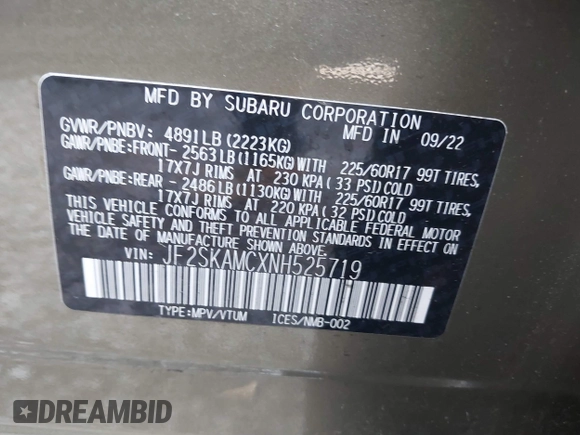 2022 Subaru Forester Wilderness with VIN JF2SKAMCXNH525719, listed as a IAAI auction lot 42601122 with 37,065 mi miles and . Bid and sale history available at DreamBid. Image 9.