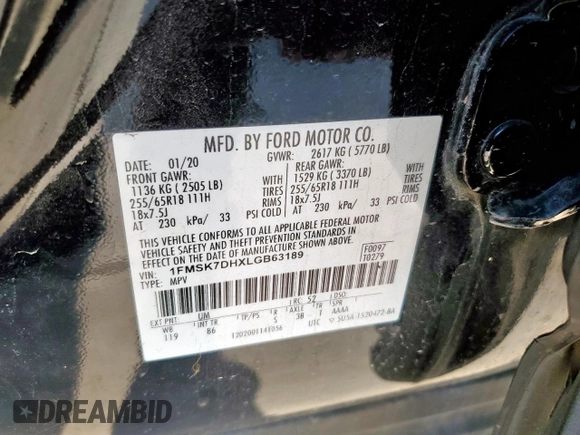 2020 Ford Explorer XLT with VIN 1FMSK7DHXLGB63189, listed as a Copart auction lot 54794935 with 150,015 mi miles and Clean Title. Bid and sale history available at DreamBid. Image 13.