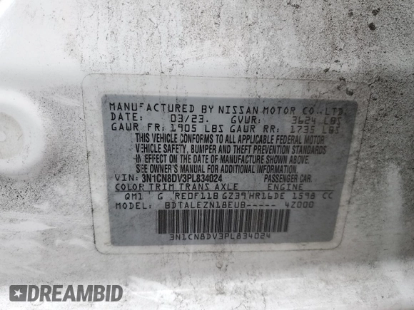 2023 Nissan Versa S with VIN 3N1CN8DV3PL834024, listed as a Copart auction lot 56683345 with 87,658 mi miles and Salvage title. Bid and sale history available at DreamBid. Image 12.