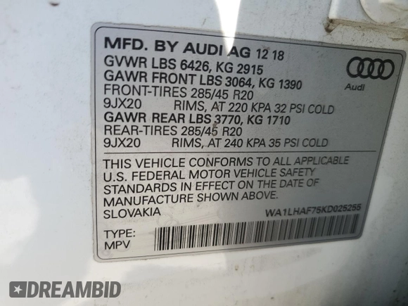 2019 Audi Q7 Premium Plus with VIN WA1LHAF75KD025255, listed as a Copart auction lot 56033515 with 54,985 mi miles and Salvage title. Bid and sale history available at DreamBid. Image 13.