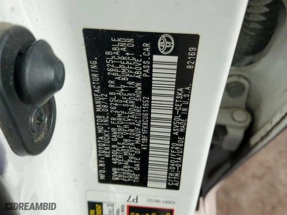 2012 Toyota Camry L with VIN 4T1BF1FK8CU611652, listed as a Copart auction lot 43569695 with 0 mi miles and Salvage Title. Bid and sale history available at carsss.com. Image 13.