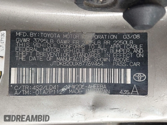 2008 Toyota Prius with VIN JTDKB20UX87769464, listed as a IAAI auction lot 41516789 with 119,870 mi miles and . Bid and sale history available at carsss.com. Image 9.