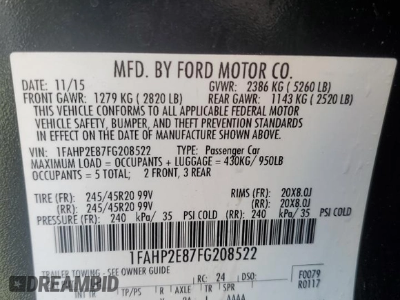2015 Ford Taurus SEL with VIN 1FAHP2E87FG208522, listed as a Copart auction lot 46700095 with 97,439 mi miles and Salvage title. Bid and sale history available at DreamBid. Image 13.