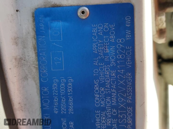 2002 Suzuki XL7 Standard z VIN JS3TX92VX24118298, wystawiony jako Copart lot #42781415 z przebiegiem 312 010 mil mil oraz Szkoda całkowita • Salvage title. Historia ofert i sprzedaży dostępna na DreamBid. Obrazek 15.