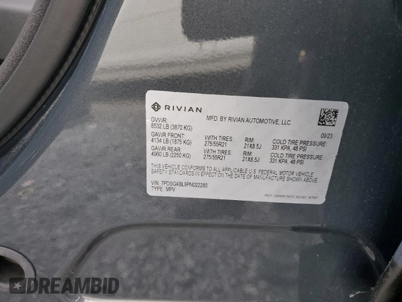 2023 Rivian R1S Launch Edition z VIN 7PDSGABL9PN022280, wystawiony jako Copart lot #83526124 z przebiegiem 51 mil mil oraz Szkoda całkowita • Salvage title. Historia ofert i sprzedaży dostępna na DreamBid. Obrazek 13.