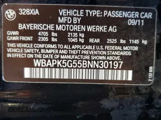 2011 BMW 3 Series 328i xDrive with VIN WBAPK5G55BNN30197, listed as a Copart auction lot 55297345 with 156,486 mi miles and Salvage Title. Bid and sale history available at carsss.com. Image 12.