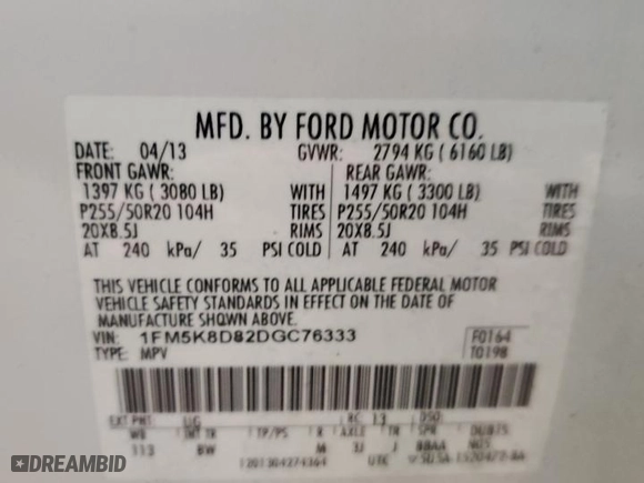 2013 Ford Explorer XLT with VIN 1FM5K8D82DGC76333, listed as a Copart auction lot 49486395 with 127,972 mi miles and Salvage Title. Bid and sale history available at carsss.com. Image 13.