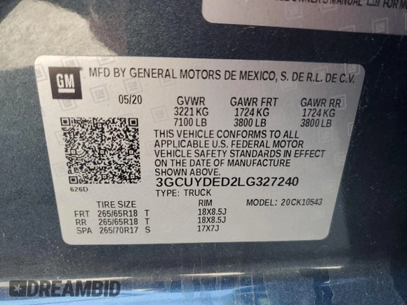 2020 Chevrolet Silverado 1500 LT with VIN 3GCUYDED2LG327240, listed as a Copart auction lot 53514135 with 142,062 mi miles and Salvage Title. Bid and sale history available at DreamBid. Image 15.