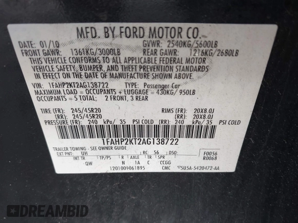 2010 Ford Taurus SHO с VIN 1FAHP2KT2AG138722, выставлен на аукционе IAAI как лот 41986706 с пробегом 133 811 миль миль и . История ставок и продаж доступна на DreamBid. Изображение 9.