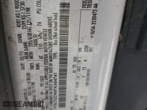 2015 Ford Transit XL с VIN 1FBZX2ZM0FKA64741, выставлен на аукционе Copart как лот 59640135 с пробегом 237 166 миль миль и Чистый • Clean title. История ставок и продаж доступна на DreamBid. Изображение 13.