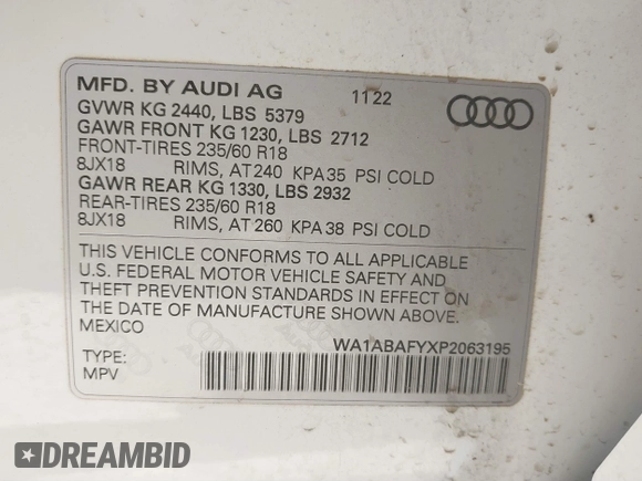 2023 Audi Q5 Premium with VIN WA1ABAFYXP2063195, listed as a IAAI auction lot 41618346 with 9,929 mi miles. Bid and sale history available at carsss.com. Image 9.