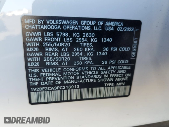 2023 Volkswagen Atlas SEL с VIN 1V2BE2CA3PC216913, выставлен на аукционе Copart как лот 67686974 с пробегом 13 326 миль миль и Списание • Salvage title. История ставок и продаж доступна на DreamBid. Изображение 16.