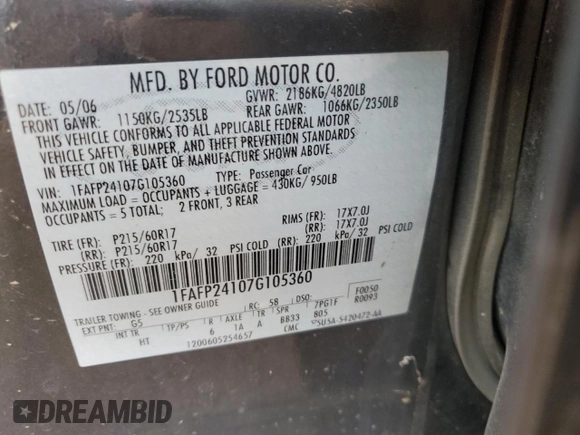 2007 Ford Five Hundred SEL z VIN 1FAFP24107G105360, wystawiony jako Copart lot #54726665 z przebiegiem 211 196 mil mil oraz Szkody całkowita. Historia ofert i sprzedaży dostępna na DreamBid. Obrazek 12.