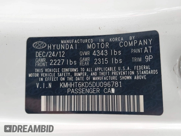 2013 Hyundai Genesis Coupe 2.0T with VIN KMHHT6KD5DU096781, listed as a IAAI auction lot 42187906 with 201,668 mi miles and . Bid and sale history available at DreamBid. Image 9.