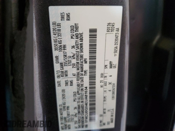 2014 Ford Escape SE with VIN 1FMCU0GX4EUA81634, listed as a Copart auction lot 48290955 with 107,286 mi miles and Salvage Title. Bid and sale history available at DreamBid. Image 14.