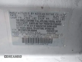 2021 Nissan Versa SV with VIN 3N1CN8EV1ML888948, listed as a IAAI auction lot 39738540 with 5,854 mi miles and . Bid and sale history available at DreamBid. Image 9.