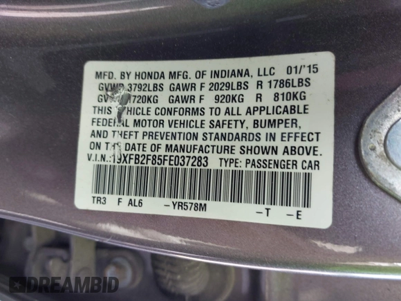 2015 Honda Civic EX with VIN 19XFB2F85FE037283, listed as a IAAI auction lot 42036917 with 109,390 mi miles and . Bid and sale history available at DreamBid. Image 9.