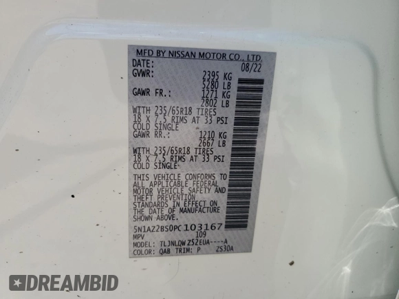 2023 Nissan Murano SV z VIN 5N1AZ2BS0PC103167, wystawiony jako Copart lot #59953675 z przebiegiem 60 448 mil mil oraz Szkoda całkowita • Salvage title. Historia ofert i sprzedaży dostępna na DreamBid. Obrazek 13.