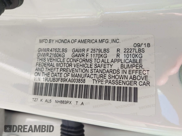 2019 Acura TLX w/Advance Pkg with VIN 19UUB3F89KA003858, listed as a IAAI auction lot 41271443 with 81,978 mi miles. Bid and sale history available at carsss.com. Image 9.