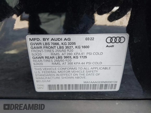 2022 Audi e-tron Premium with VIN WA1AAAGE6NB030134, listed as a IAAI auction lot 41209620 with 27,848 mi miles. Bid and sale history available at carsss.com. Image 9.