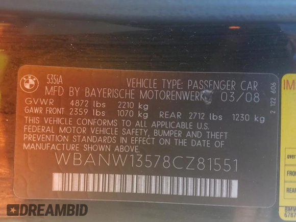 2008 BMW 5 Series 535i with VIN WBANW13578CZ81551, listed as a Copart auction lot 43568245 with 166,557 mi miles and Salvage Title. Bid and sale history available at carsss.com. Image 14.