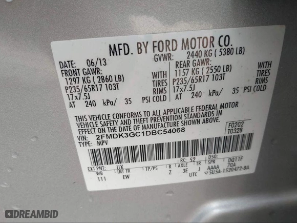 2013 Ford Edge SE with VIN 2FMDK3GC1DBC54068, listed as a IAAI auction lot 40821488 with 175,800 mi miles. Bid and sale history available at carsss.com. Image 9.
