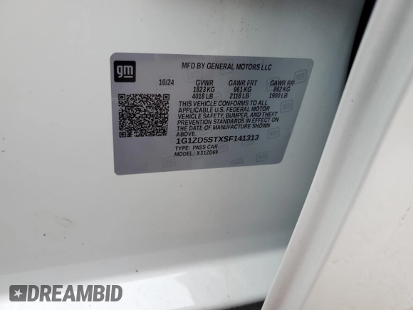 2025 Chevrolet Malibu LT with VIN 1G1ZD5STXSF141313, listed as a Copart auction lot 53520395 with 5,391 mi miles and Non Repairable. Bid and sale history available at DreamBid. Image 13.