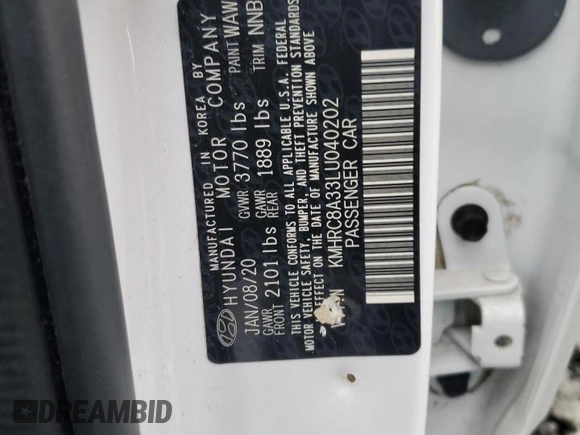 2020 Hyundai Venue SEL with VIN KMHRC8A33LU040202, listed as a Copart auction lot 63265265 with 72,572 mi miles and Salvage title. Bid and sale history available at DreamBid. Image 14.