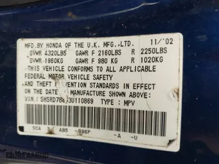 2003 Honda CR-V EX with VIN SHSRD78863U110869, listed as a IAAI auction lot 41612374 with 221,200 mi miles. Bid and sale history available at carsss.com. Image 9.