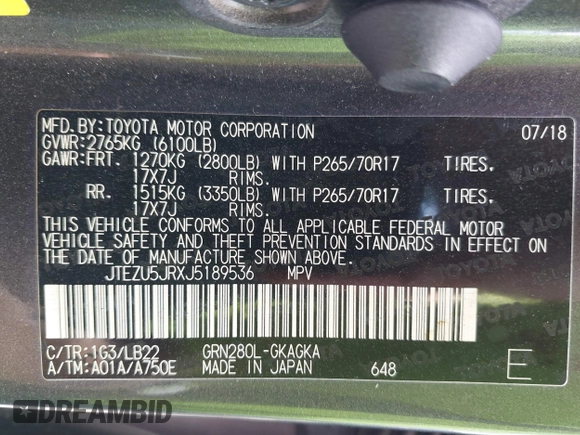 2018 Toyota 4Runner SR5 с VIN JTEZU5JRXJ5189536, выставлен на аукционе IAAI как лот 42314799 с пробегом 145 889 миль миль и . История ставок и продаж доступна на DreamBid. Изображение 9.