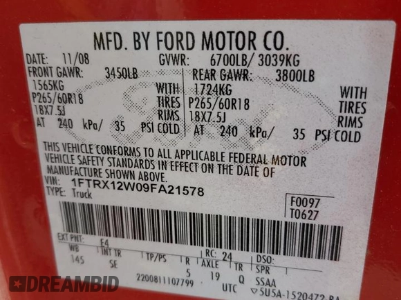 2009 Ford F-150 STX with VIN 1FTRX12W09FA21578, listed as a Copart auction lot 53314845 with 194,882 mi miles and Salvage Title. Bid and sale history available at carsss.com. Image 12.