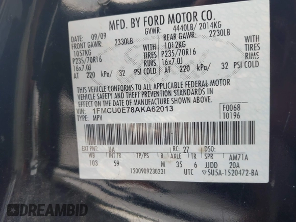 2010 Ford Escape Limited с VIN 1FMCU0E78AKA62013, выставлен на аукционе IAAI как лот 42426819 с пробегом 196 842 миль миль и . История ставок и продаж доступна на DreamBid. Изображение 9.