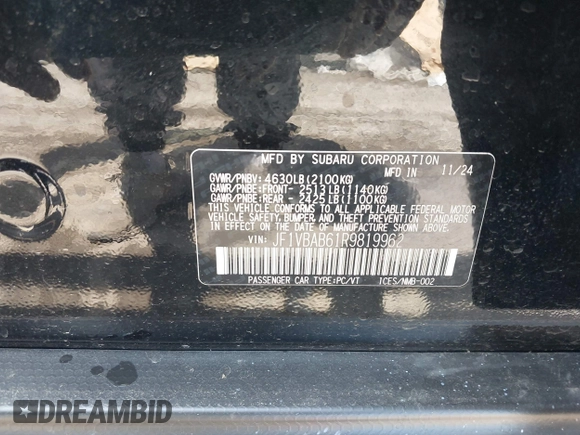 2024 Subaru WRX z VIN JF1VBAB61R9819962, wystawiony jako IAAI lot #42110207 z przebiegiem 6 568 mil mil oraz . Historia ofert i sprzedaży dostępna na DreamBid. Obrazek 9.
