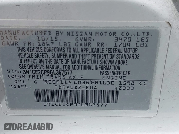 2016 Nissan Note S Plus with VIN 3N1CE2CP9GL367577, listed as a IAAI auction lot 41837179 with 54,262 mi miles and . Bid and sale history available at DreamBid. Image 9.